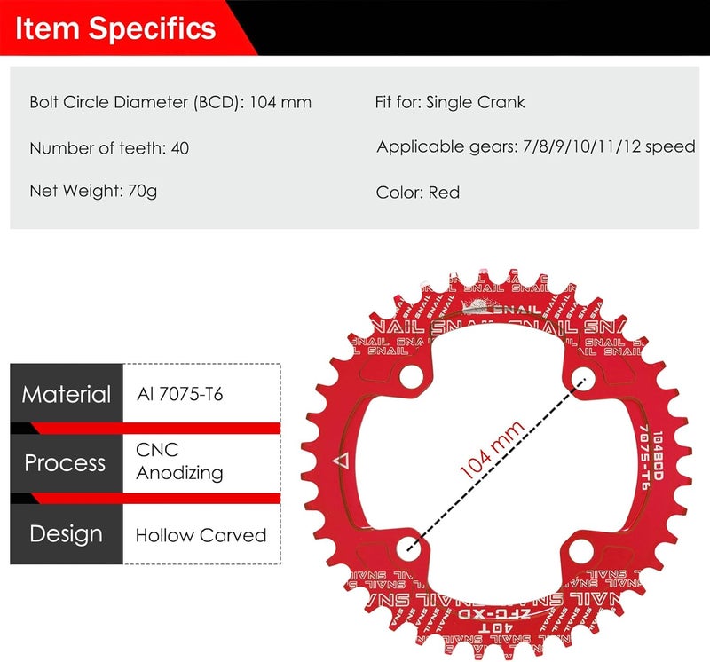 BESNIN Chainring 104 BCD Chainring 30T 32T 34T 36T 38T 40T 42T 44T 46T 48T 50T 52T Narrow Wide Tooth Round Chainring for 7/8/9/10/11/12 Speed MTB BMX Road Bike - Image 2